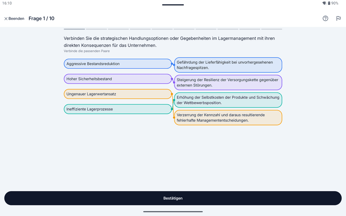 App-Screenshot auf dem Tablet: Zuordnungsaufgabe zum Thema Lagerhaltungskostensatz – „Verbinden Sie die strategischen Handlungsoptionen oder Gegebenheiten im Lagermanagement mit ihren direkten…“