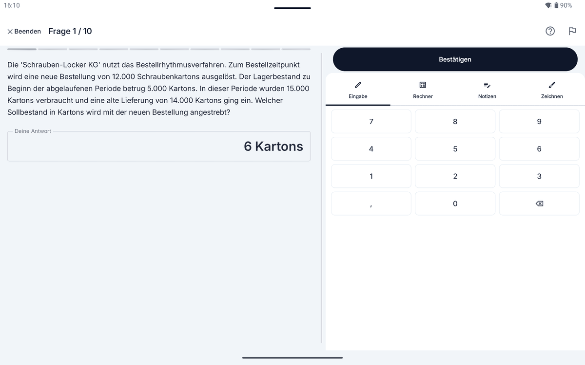 App-Screenshot auf dem Tablet: Rechenweg Schritt für Schritt zum Thema Bestellrhythmusverfahren – „Die 'Schrauben-Locker KG' nutzt das Bestellrhythmusverfahren.“