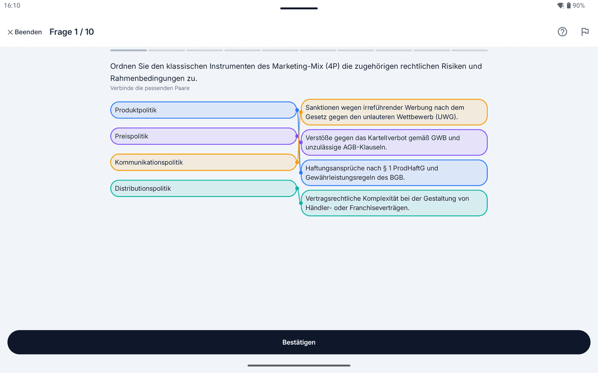 App-Screenshot auf dem Tablet: Zuordnungsaufgabe zum Thema Marketing-Mix (4P/7P) – „Ordnen Sie den klassischen Instrumenten des Marketing-Mix (4P) die zugehörigen rechtlichen Risiken und…“