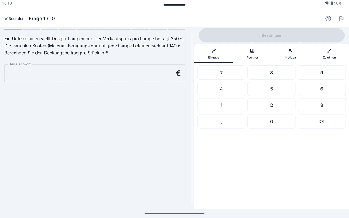 App-Screenshot auf dem Tablet: Rechenaufgabe zum Thema Teilkostenrechnung – „Ein Unternehmen stellt Design-Lampen her.“