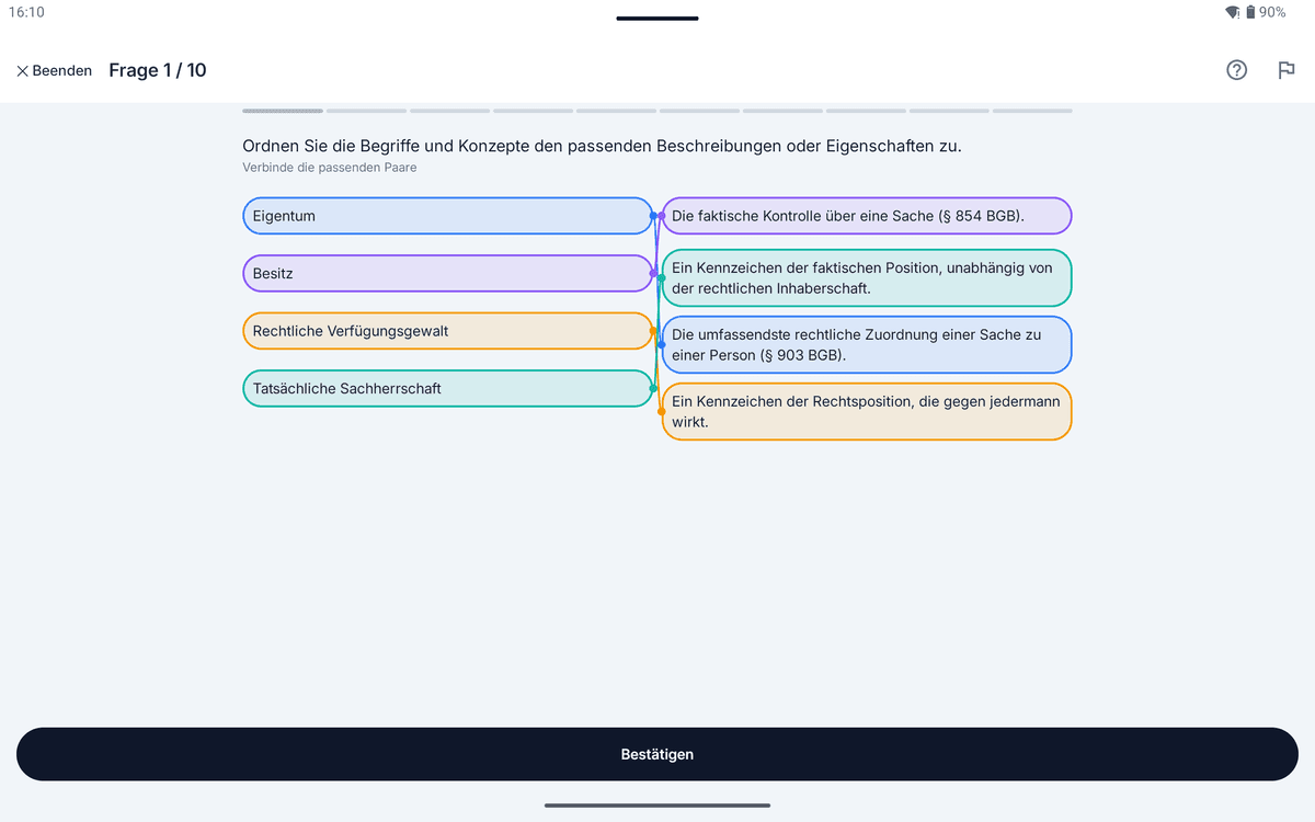 App-Screenshot auf dem Tablet: Zuordnungsaufgabe zum Thema Eigentum und Besitz – „Ordnen Sie die Begriffe und Konzepte den passenden Beschreibungen oder Eigenschaften zu.“