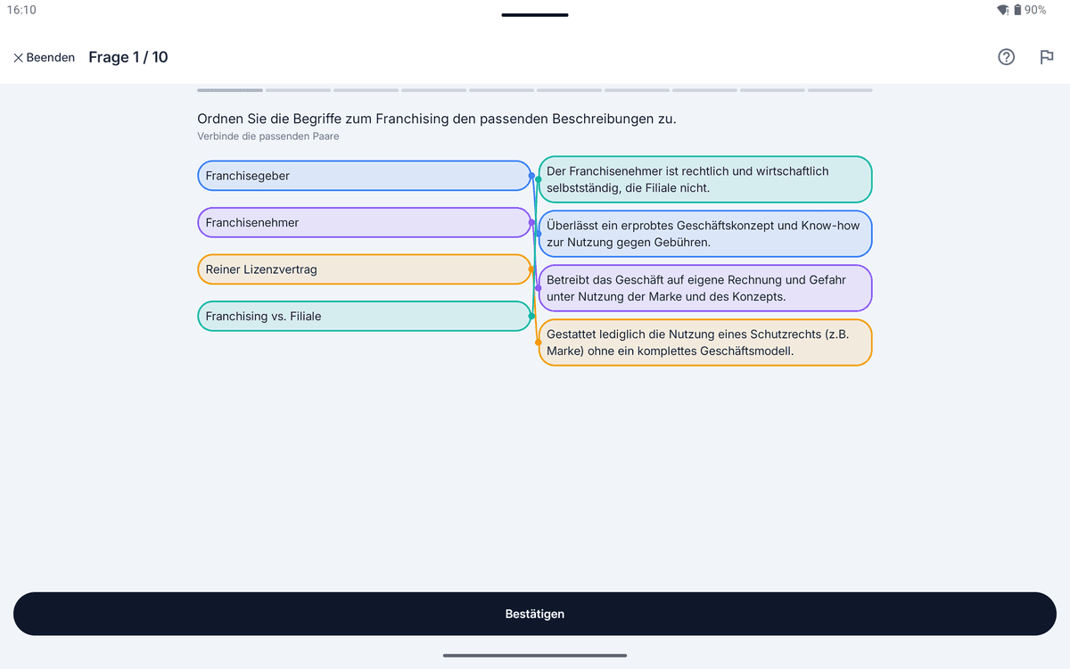 App-Screenshot auf dem Tablet: Zuordnungsaufgabe zum Thema Franchising – „Ordnen Sie die Begriffe zum Franchising den passenden Beschreibungen zu.“