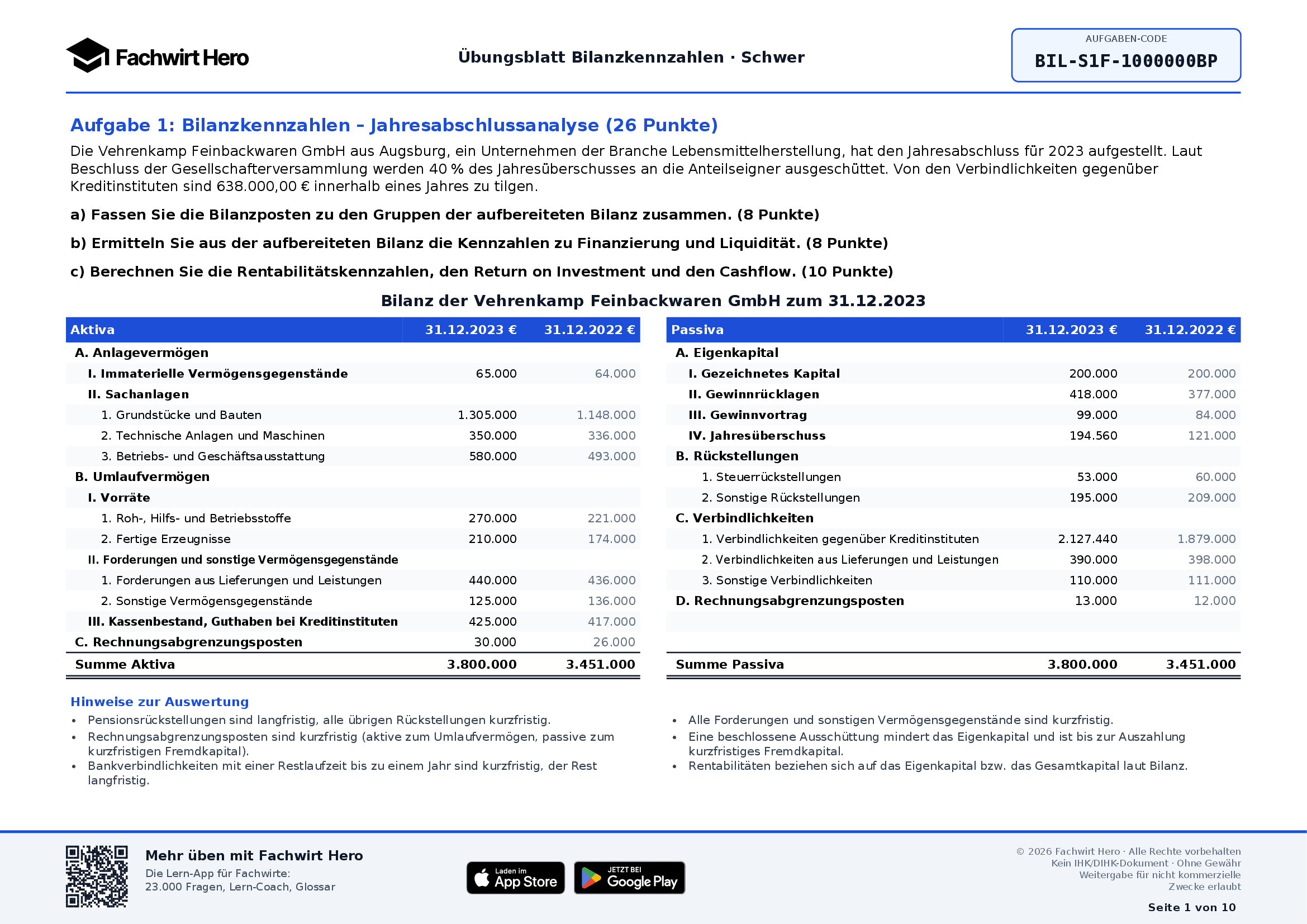 Kostenloses Aufgabenblatt Bilanzkennzahlen mit gegliederter Bilanz