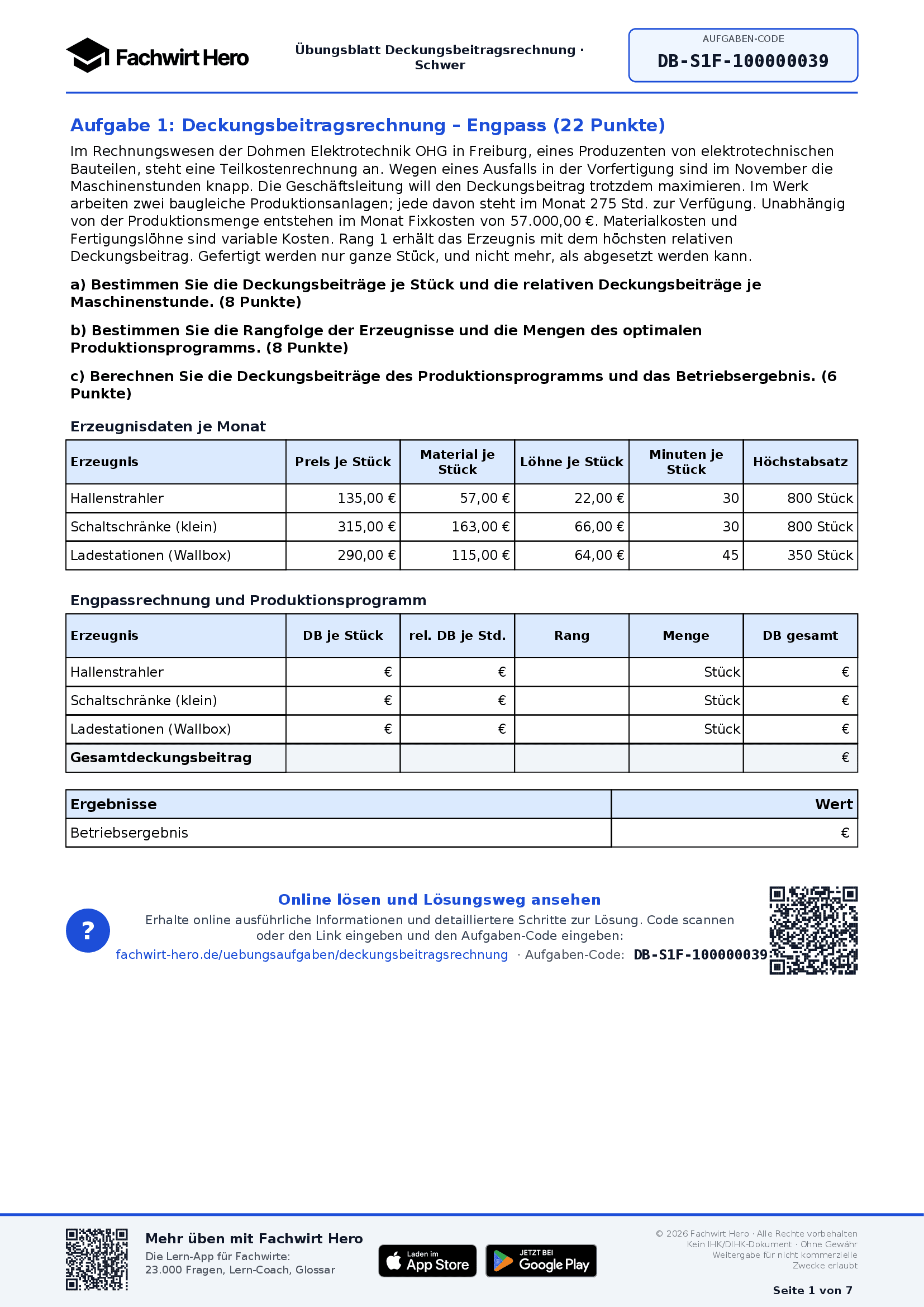 Kostenloses Aufgabenblatt zur Deckungsbeitragsrechnung mit Engpass und Produktionsprogramm