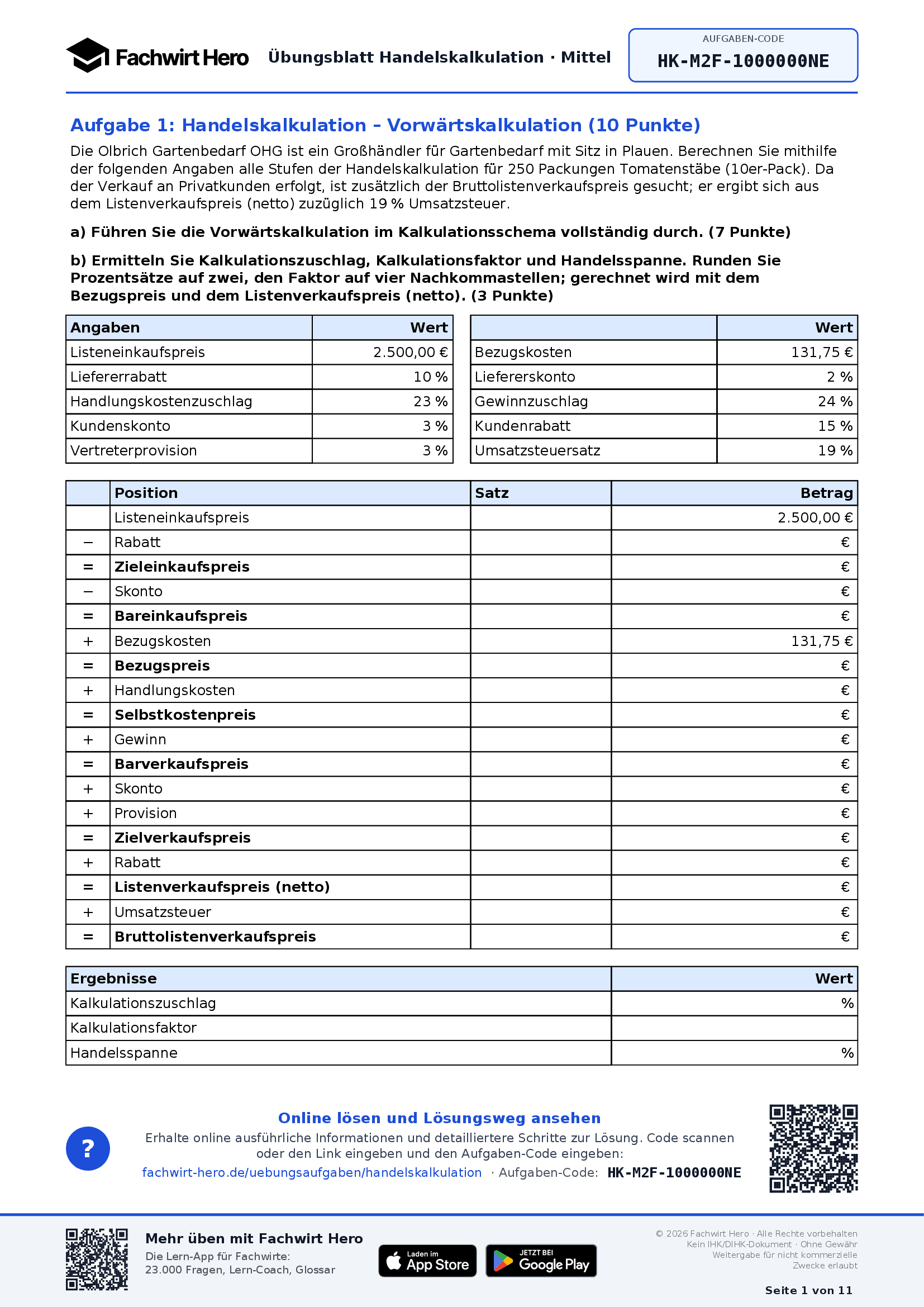 Kostenloses Aufgabenblatt zur Handelskalkulation