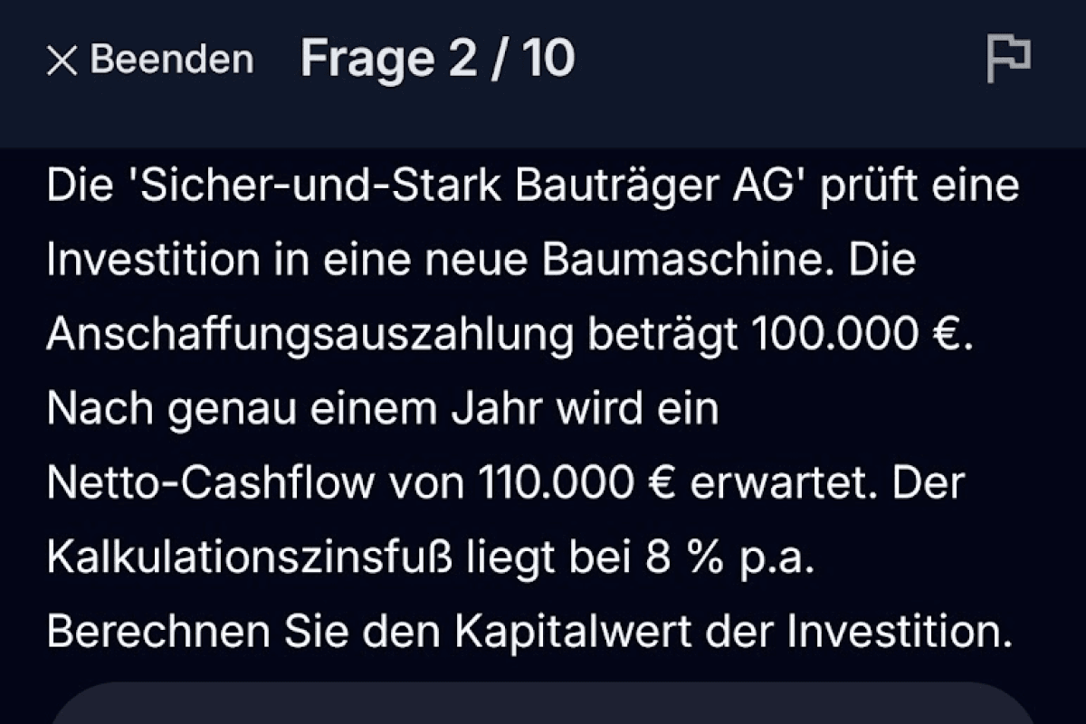App-Screenshot: Kapitalwertmethode Training