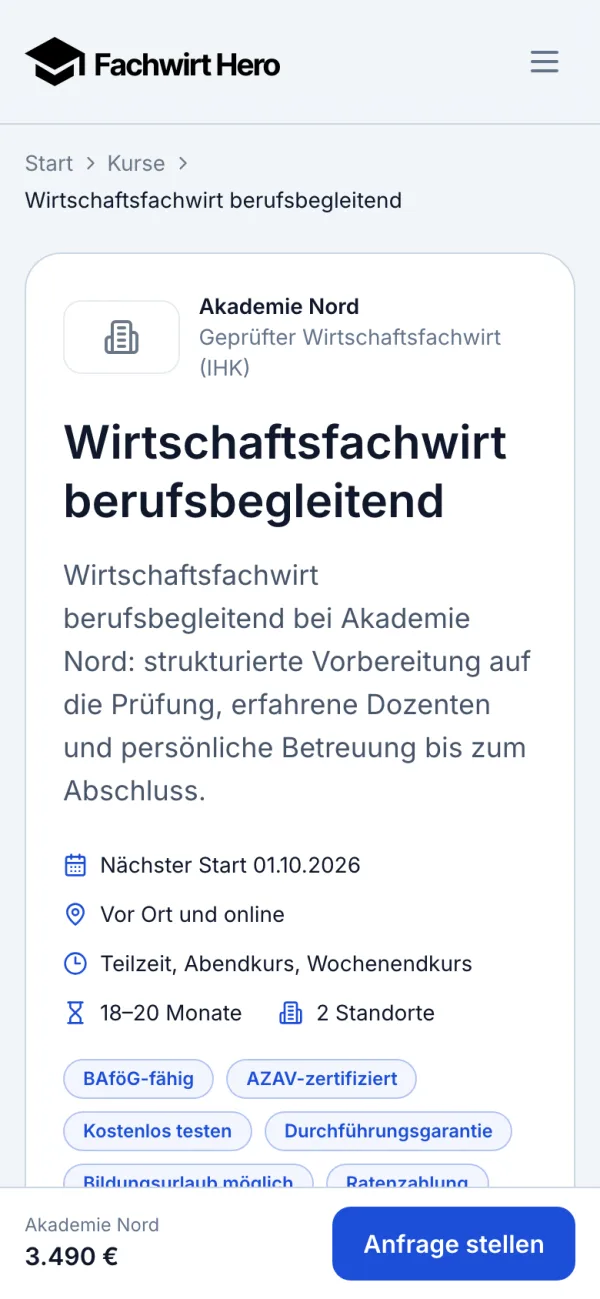Kursseite im Kursverzeichnis auf dem Handy mit Preis, Terminen und der Schaltfläche für die Anfrage