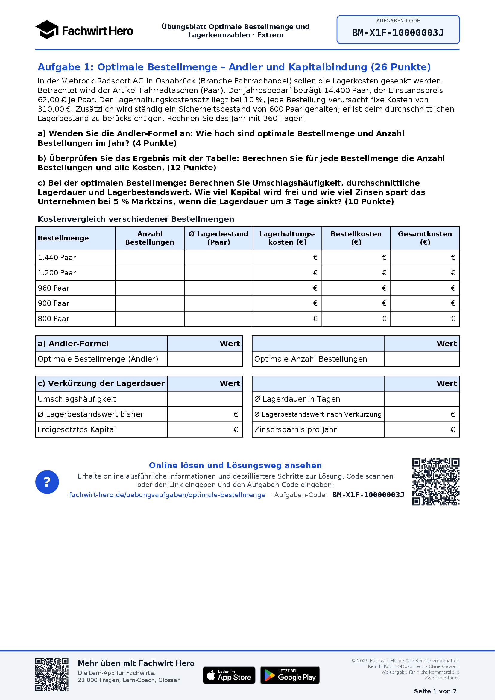 Kostenloses Aufgabenblatt zur optimalen Bestellmenge mit Andler-Formel und Kostentabelle