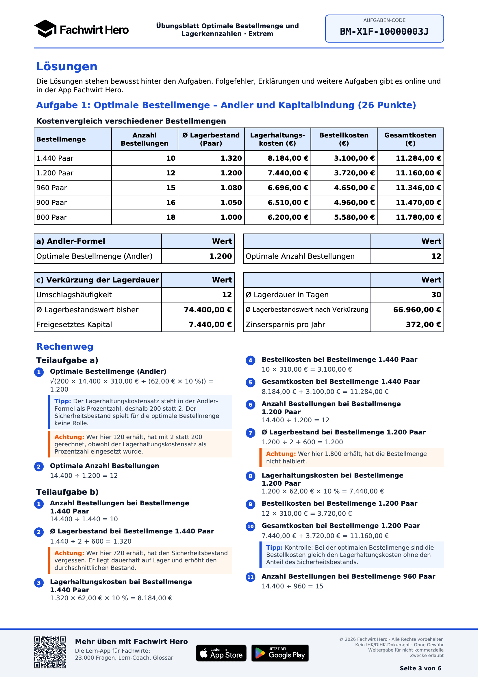 Lösung aus einem kostenlosen PDF zur optimalen Bestellmenge mit ausgefüllter Kostentabelle