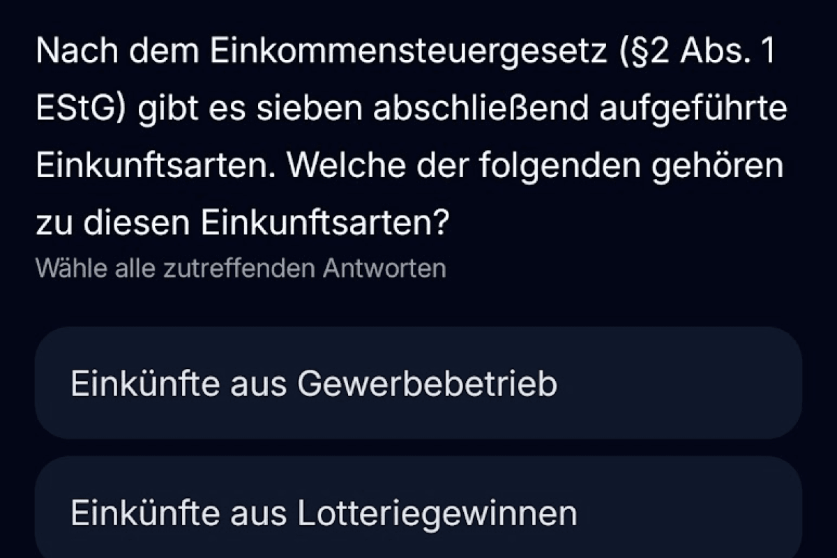 App-Screenshot: Steuerarten Training