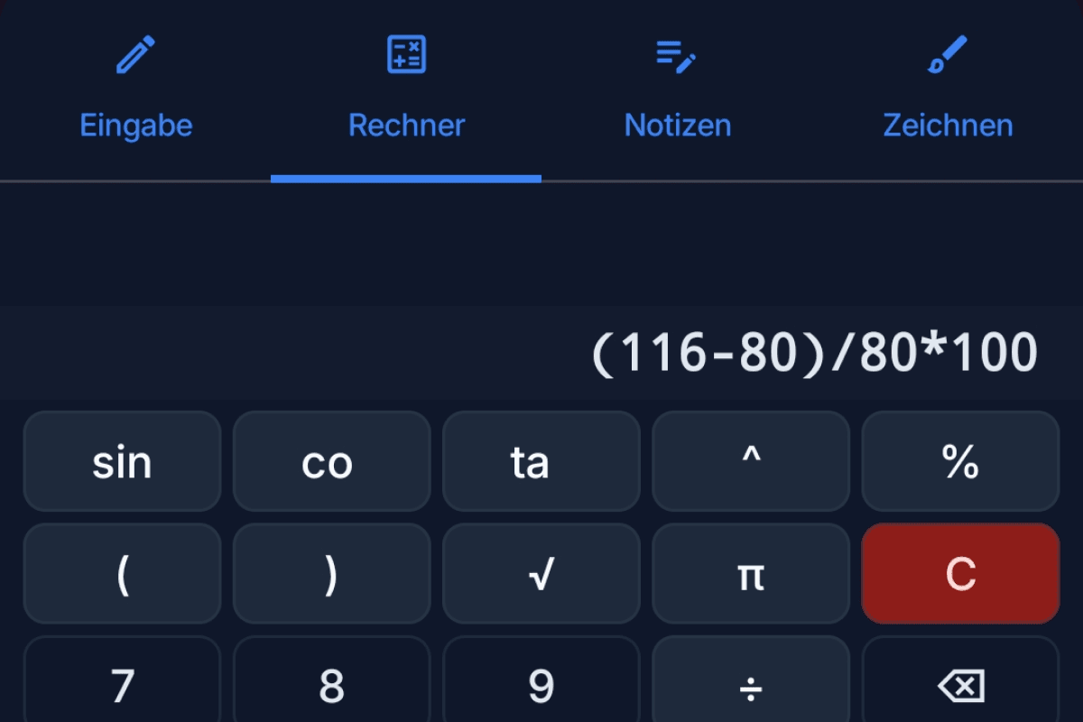 App-Screenshot: Integrierter Taschenrechner und Notizzettel