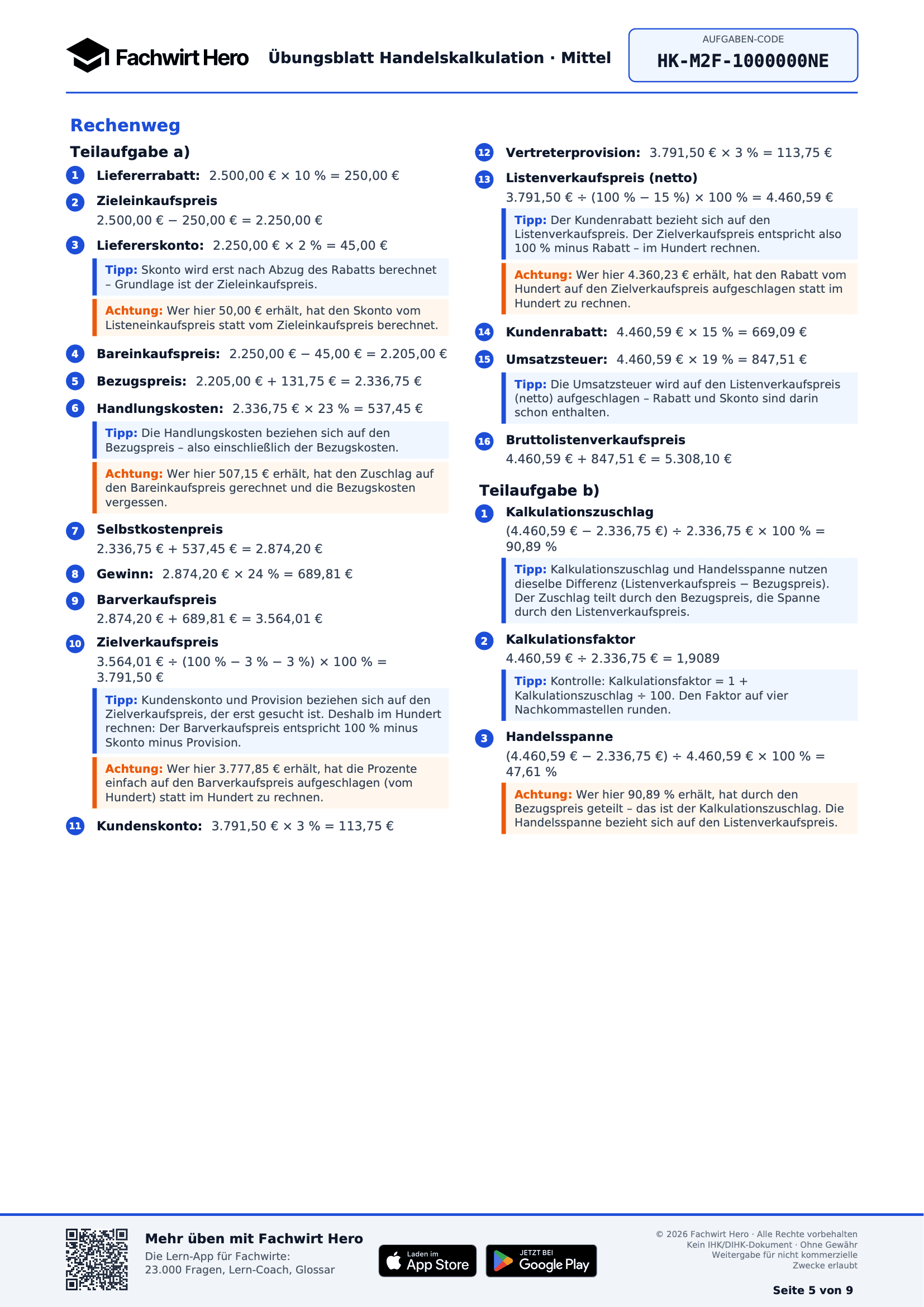 Lösungsweg aus einem kostenlosen PDF zur Handelskalkulation mit Tipps zu typischen Fehlern