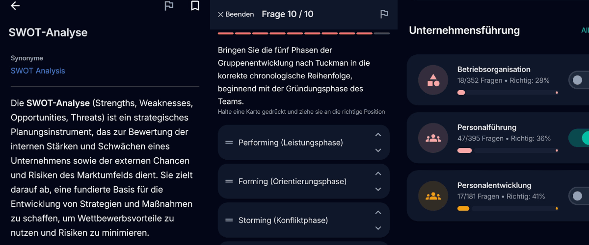 App-Screenshot: Unternehmensführung Fragen in Fachwirt Hero