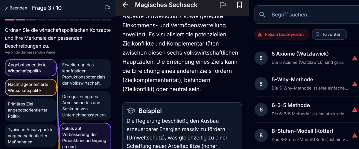 App-Screenshot: VWL und BWL Fragen in Fachwirt Hero