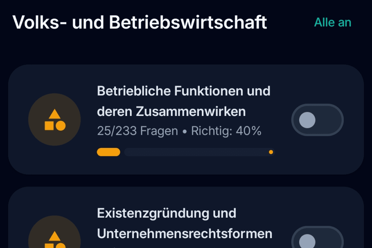 App-Screenshot: Lernfortschritt und Auswertung