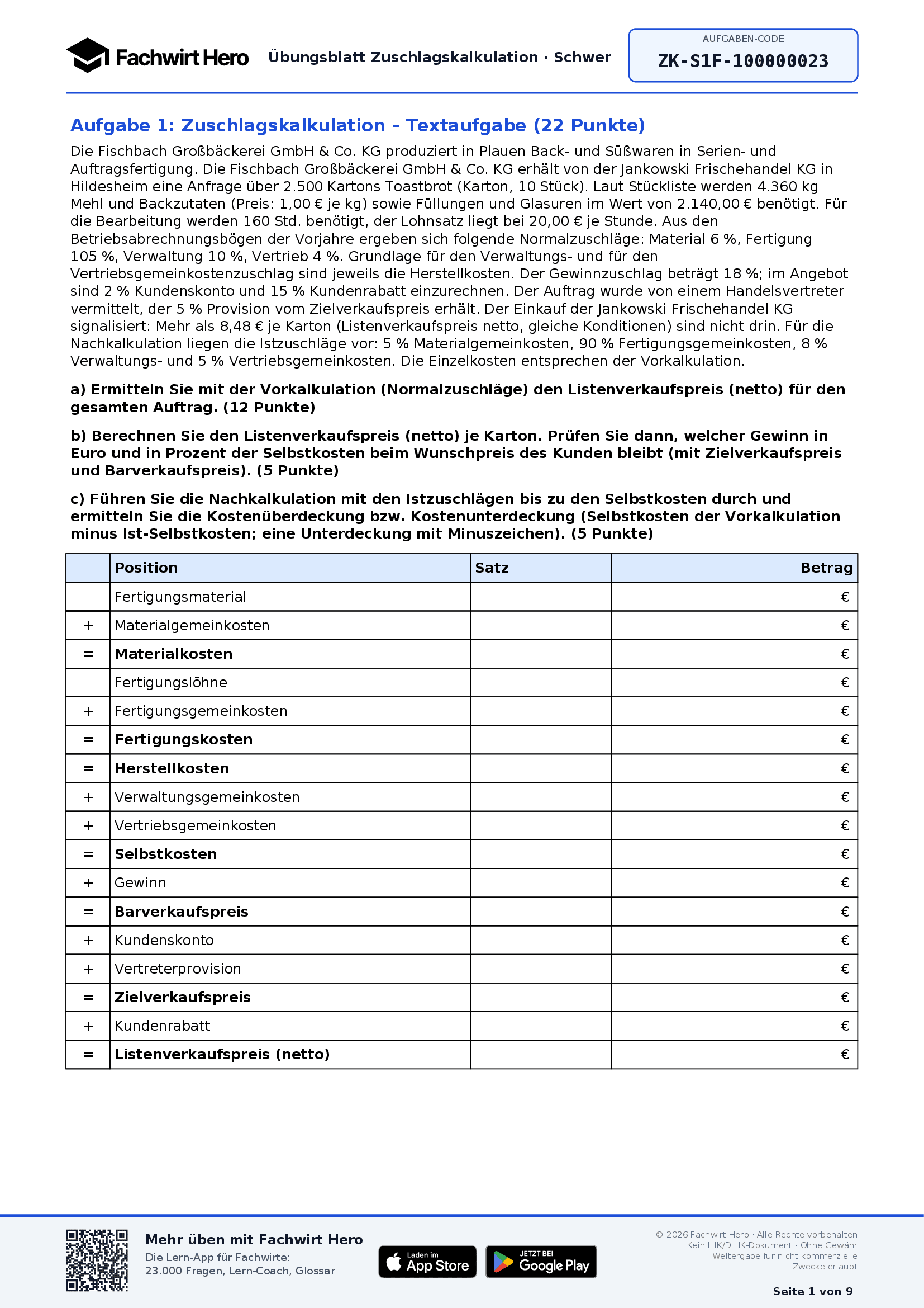 Kostenloses Aufgabenblatt Zuschlagskalkulation mit Textaufgabe und Kalkulationsschema
